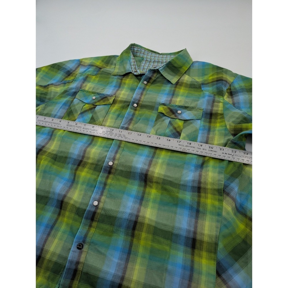 Mountain Hardwear Men's XL Plaid Snap Front Short Sleeve Hiking Shirt Green Blue - Picture 4 of 12